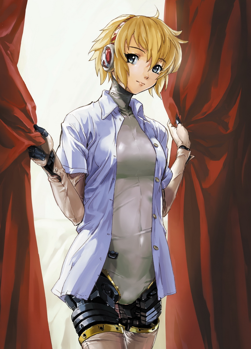 aegis_(persona) android blonde_hair curtains hairband highres makacoon naked_shirt open_clothes open_shirt persona persona_3 robot_joints shirt short_hair smile solo