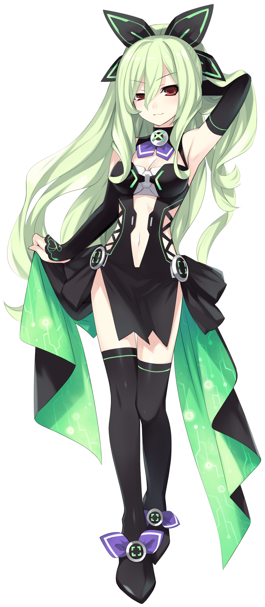 bare_shoulders bow dress elbow_gloves full_body gloves green_hair hair_between_eyes hair_bow hair_ornament hakozaki_chika highres long_hair looking_at_viewer neptune_(series) red_eyes smile solo standing thighhighs transparent_background tsunako uneven_eyes very_long_hair