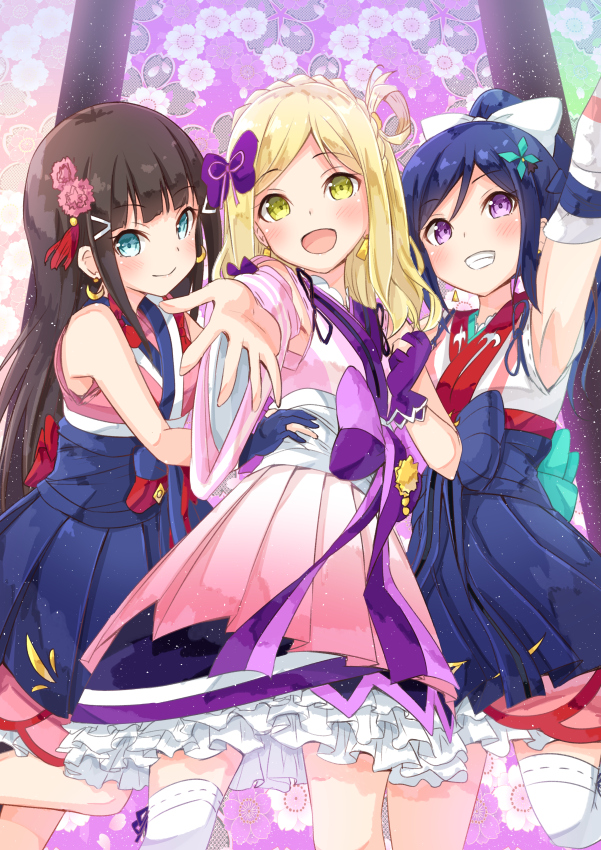 :d armpits banned_artist black_hair blonde_hair blue_eyes blue_hair blush braid clenched_hand earrings french_braid frilled_skirt frills girl_sandwich gloves hand_on_another's_hip japanese_clothes jewelry kurosawa_dia long_hair looking_at_viewer love_live! love_live!_sunshine!! matsuura_kanan mijuku_dreamer mirai_(macharge) multiple_girls no_mole ohara_mari open_mouth outstretched_arm ponytail sandwiched single_glove single_thighhigh skirt smile thighhighs yellow_eyes