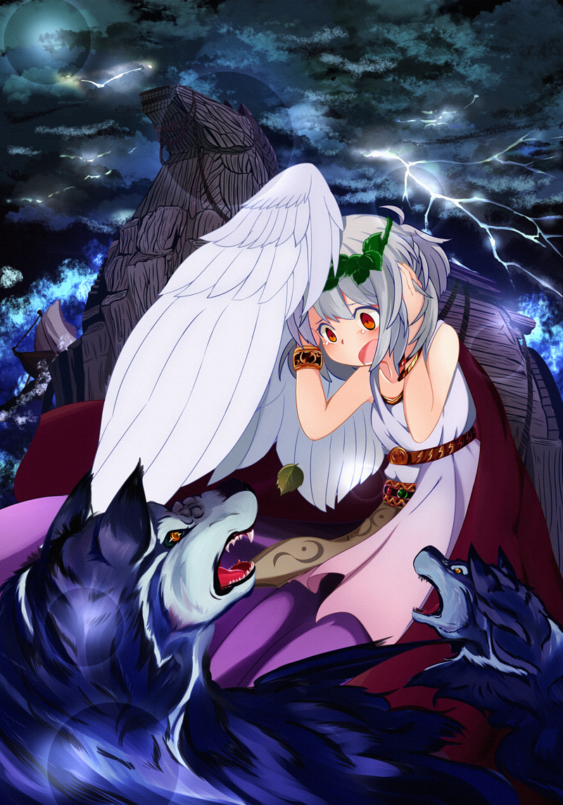 bad_id bad_pixiv_id bangle bare_arms bare_shoulders belt blush boat bracelet buna_shimeji_(keymush) cape covering_ears d: dark_sky gem grey_hair jewelry kishin_sagume laurel_crown leaf lightning ocean open_mouth red_eyes roman_clothes scared ship short_hair single_wing solo tears teeth toga touhou trojan_horse watercraft wings wolf wreath