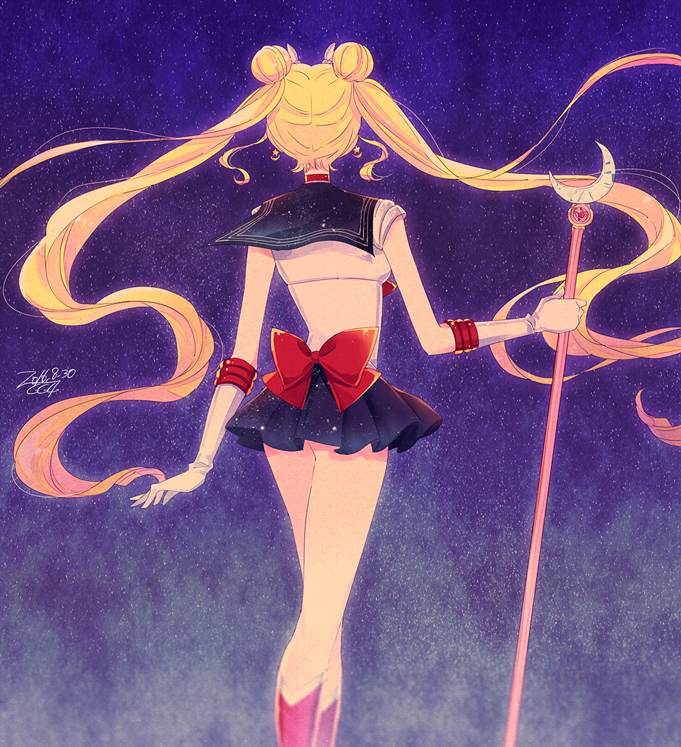 bishoujo_senshi_sailor_moon blonde_hair blouse blue_sailor_collar blue_skirt bow choker crescent dated double_bun earrings elbow_gloves from_behind gloves holding holding_staff jewelry large_bow long_hair magical_girl miniskirt moon_stick pleated_skirt red_bow red_choker ribbon sailor_collar sailor_moon sailor_senshi_uniform saki_(hxaxcxk) short_sleeves signature skirt sky solo staff standing star star_(sky) star_earrings starry_sky tsukino_usagi twintails very_long_hair white_blouse white_gloves