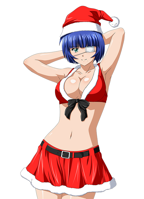 armpits arms_behind_head belt blue_hair bra breasts cleavage collarbone cowboy_shot eyepatch green_eyes hat ikkitousen large_breasts looking_at_viewer midriff mole mole_under_mouth navel red_bra red_hat red_skirt ryomou_shimei santa_costume santa_hat short_hair skirt smile solo underwear