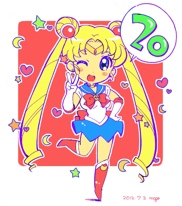 artist_name bishoujo_senshi_sailor_moon blonde_hair blue_eyes blue_sailor_collar blush_stickers boots choker circlet crescent crescent_earrings dated double_bun earrings elbow_gloves full_body gloves hand_on_hip heart jewelry knee_boots long_hair miniskirt mog_(456shiro) one_eye_closed open_mouth red_choker red_footwear ribbon sailor_collar sailor_moon sailor_senshi_uniform signature skirt smile solo standing standing_on_one_leg tsukino_usagi twintails v very_long_hair white_gloves