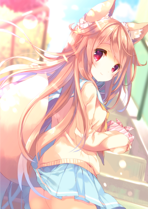 animal_ear_fluff animal_ears ass blurry carrying depth_of_field fox_ears fox_tail light_brown_hair long_hair looking_at_viewer milia_leclerc obentou original p19 pleated_skirt red_eyes school_uniform serafuku skirt smile solo stairs tail wind