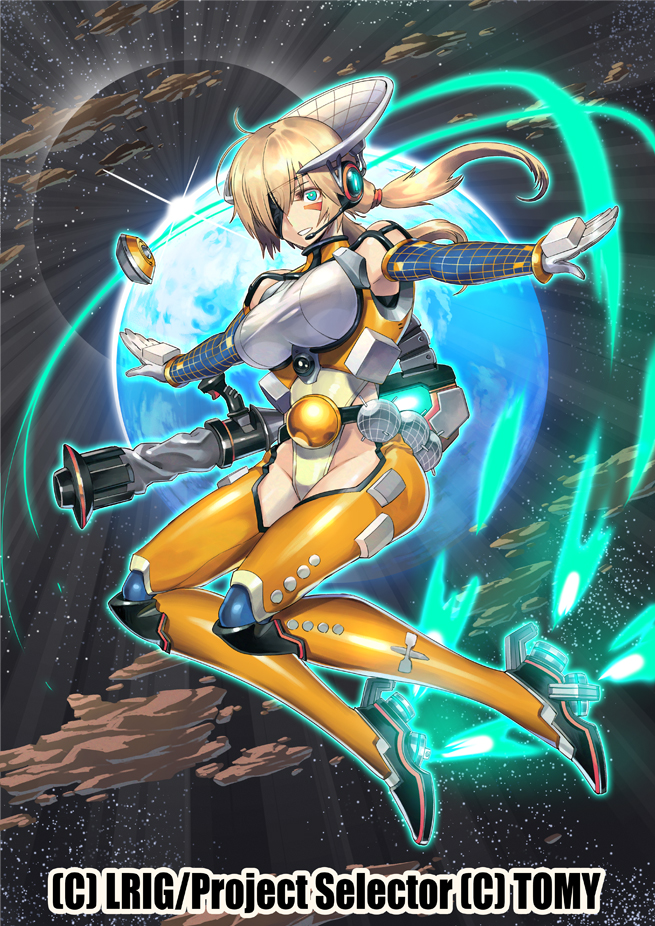 blonde_hair blue_eyes elbow_gloves eyepatch facial_mark gloves headphones ishibashi_yosuke planet skin_tight smile solo space star_(sky) twintails weapon wixoss