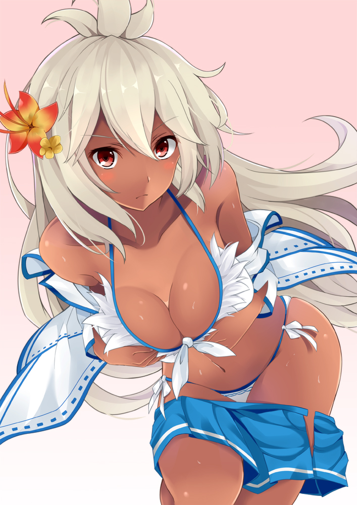 ahoge arms_at_sides bad_id bad_pixiv_id bare_shoulders breasts cleavage clothes_down collarbone dark_skin flower front-tie_top gradient gradient_background granblue_fantasy hair_flower hair_ornament long_hair looking_at_viewer medium_breasts midriff navel pleated_skirt red_eyes serious skirt skirt_pull solo thighs white_hair youkan_(mattya_youkan) zooey_(granblue_fantasy)