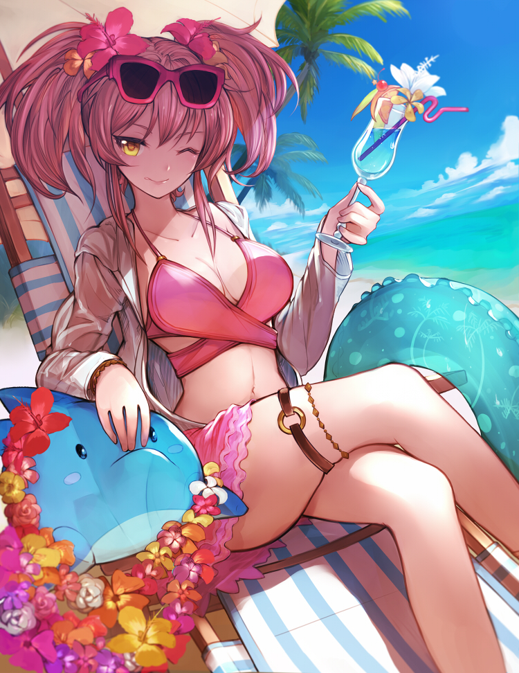 beach bikini bikini_under_clothes blue_hawaii bow breasts cleavage crossed_legs cup day drinking_glass drinking_straw eyewear_on_head flower hair_bow hair_flower hair_ornament hibiscus idolmaster idolmaster_cinderella_girls innertube jougasaki_mika large_breasts long_hair one_eye_closed pink_hair sitting smile solo sunglasses swimsuit teko tropical_drink twintails yellow_eyes