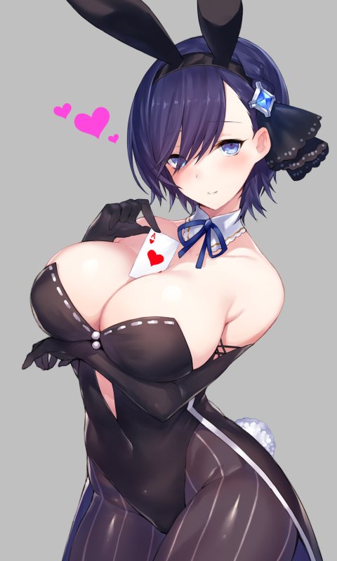 animal_ears bare_shoulders between_breasts black_legwear black_neckwear black_ribbon blue_eyes blue_hair blue_neckwear blue_ribbon blush breast_hold breasts bunny_ears bunny_tail bunnysuit card cattleya_(gothic_wa_mahou_otome) cleavage cleavage_cutout collarbone commentary_request covered_navel cowboy_shot detached_collar fake_animal_ears gothic_wa_mahou_otome grey_background hair_ribbon hairband heart inayama large_breasts looking_at_viewer neck_ribbon pantyhose playing_card ribbon short_hair smile solo striped striped_legwear tail vertical-striped_legwear vertical_stripes