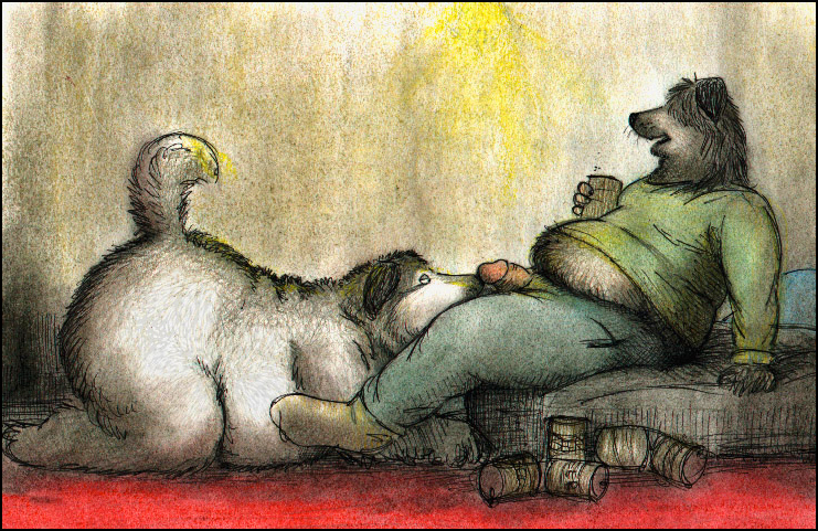 alchohol ass_up barefoot bd bed canine clothing dog erection fur grey_fur legwear male mammal midriff nude obese oral overweight penis pillow raised_tail slightly_chubby socks white_fur