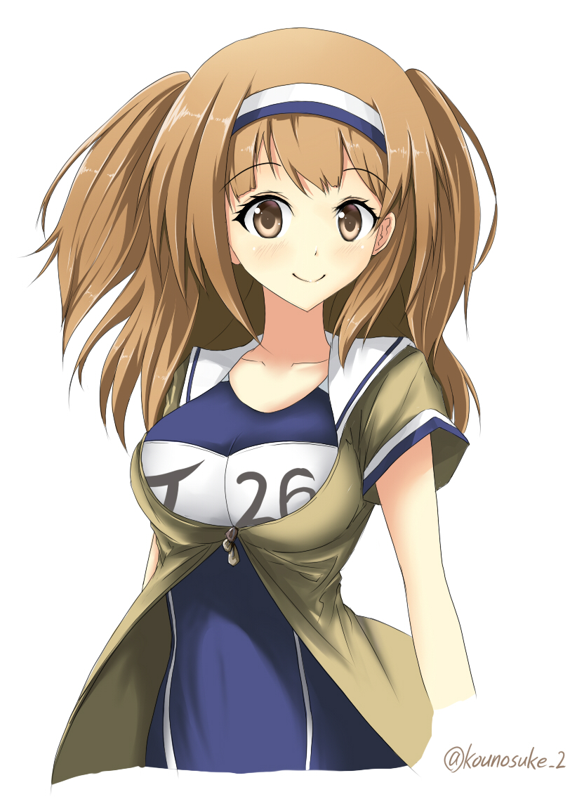 blush breasts clothes_writing collarbone hairband i-26_(kantai_collection) kantai_collection kounosuke_(embellir) large_breasts light_brown_eyes light_brown_hair long_hair looking_at_viewer name_tag new_school_swimsuit one-piece_swimsuit open_clothes sailor_collar school_swimsuit short_sleeves simple_background smile solo swimsuit swimsuit_under_clothes twitter_username two-tone_hairband two_side_up white_background