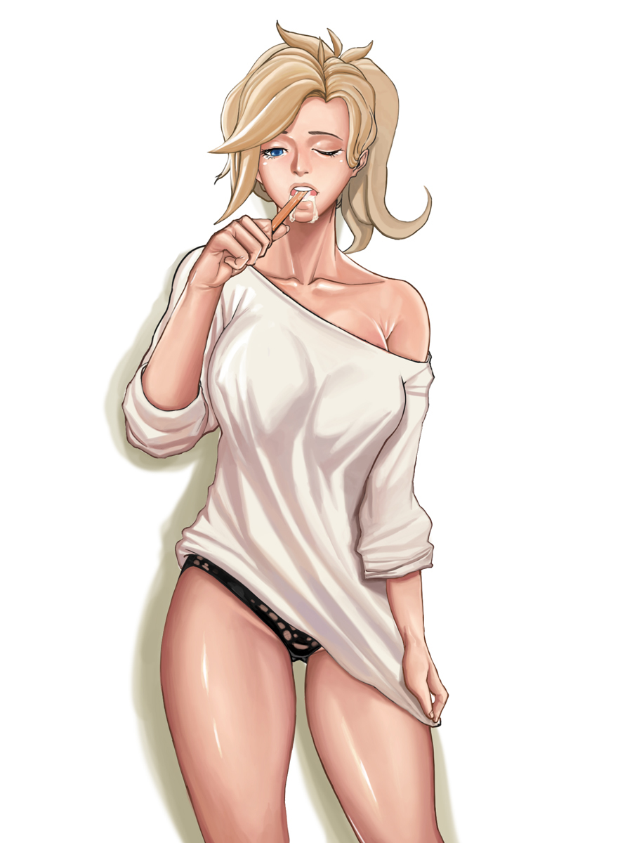 1girl blonde_hair blue_eyes brushing_teeth looking_at_viewer mercy_(overwatch) overwatch panties plain_background solo thighs toothbrush white_background