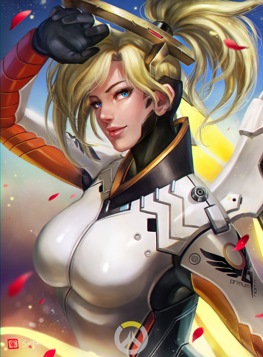 blonde_hair blue_eyes bodysuit breasts high_ponytail highres huge_breasts lips long_hair mechanical_halo mechanical_wings mercy_(overwatch) overwatch petals rose_petals soffa solo wings