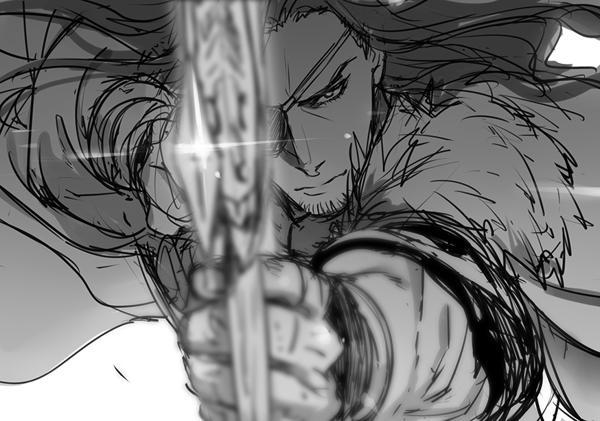 arrow bow_(weapon) drawing_bow drenbof eyepatch facial_hair goatee greyscale holding holding_arrow holding_bow_(weapon) holding_weapon male_focus monochrome shou_yun_xiao simple_background sketch solo thunderbolt_fantasy weapon white_background