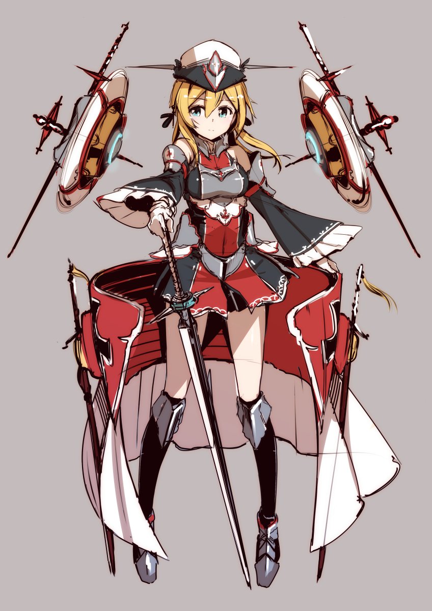 adapted_costume alternate_costume armor armored_boots bad_id bad_twitter_id bare_shoulders black_legwear blonde_hair boots detached_sleeves dress drone eyebrows eyebrows_visible_through_hair full_body green_eyes grey_background hat highres kantai_collection knee_pads kneehighs looking_to_the_side low_twintails pemu prinz_eugen_(kantai_collection) short_dress simple_background solo standing sword twintails underbust weapon wide_sleeves
