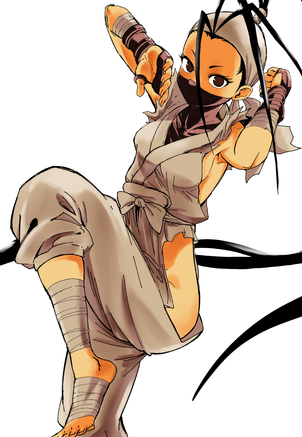 ankle_wrap antenna_hair armpits bandages barefoot black_hair breasts brown_eyes covered_face face_mask fighting_stance fingerless_gloves forehead gloves highres hip_vent ibuki_(street_fighter) long_hair mask medium_breasts nakahara_kaihei ninja no_bra no_panties ponytail sideboob solo street_fighter