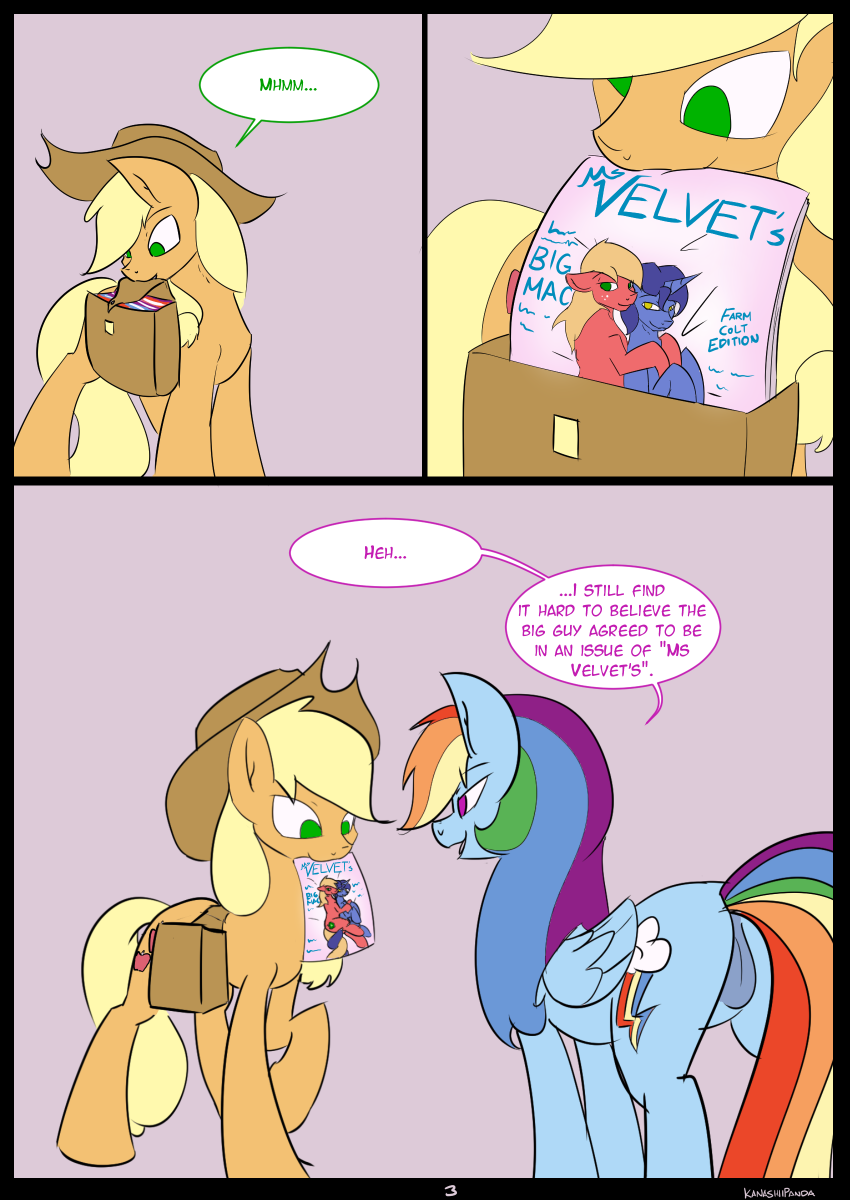 applejack_(mlp) big_macintosh_(mlp) blonde_hair comic cutie_mark duo english_text equine feathered_wings feathers female feral friendship_is_magic green_eyes hair hat hooves kanashiipanda magazine mammal multicolored_hair my_little_pony night_light_(mlp) pegasus pussy rainbow_dash_(mlp) rainbow_hair standing text wings