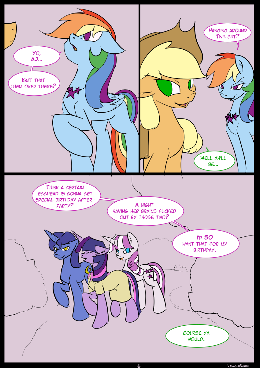 applejack_(mlp) blonde_hair clothing comic cutie_mark duo english_text equine feathered_wings feathers female feral friendship_is_magic green_eyes group hair hat hooves kanashiipanda male mammal multicolored_hair my_little_pony night_light_(mlp) parent pegasus pink_eyes rainbow_dash_(mlp) rainbow_hair standing text twilight_sparkle_(mlp) twilight_velvet_(mlp) wings