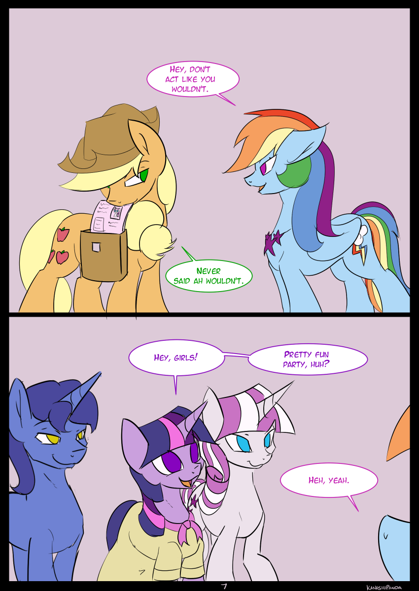 applejack_(mlp) blonde_hair blue_eyes blue_hair clothing comic cutie_mark duo english_text equine feathered_wings feathers female feral friendship_is_magic green_eyes group hair hat hooves horn kanashiipanda mammal multicolored_hair my_little_pony night_light_(mlp) nude open_mouth parent pegasus pink_eyes rainbow_dash_(mlp) rainbow_hair standing text twilight_sparkle_(mlp) twilight_velvet_(mlp) unicorn wings yellow_eyes