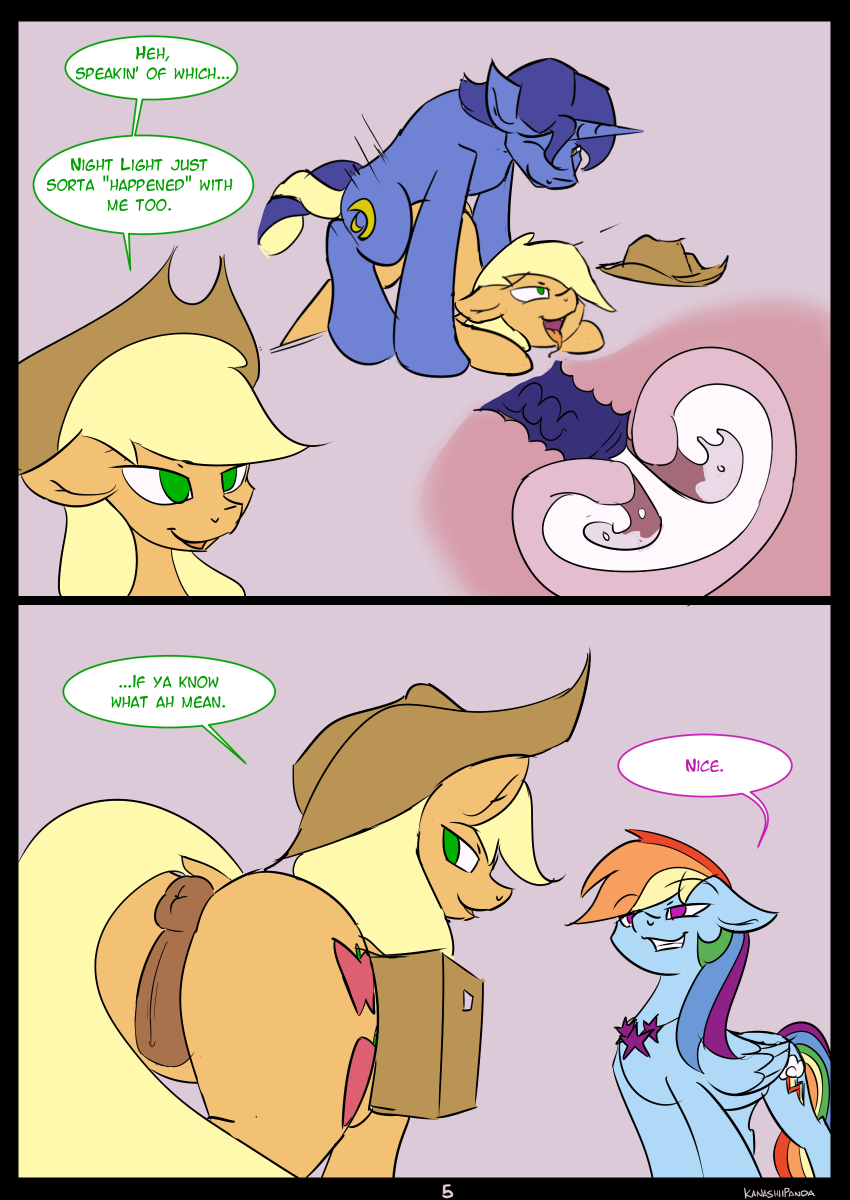 anus applejack_(mlp) blonde_hair comic cutie_mark duo english_text equine feathered_wings feathers female feral friendship_is_magic green_eyes hair hat horcecock horn kanashiipanda mammal multicolored_hair my_little_pony night_light_(mlp) open_mouth pegasus penetration penis pussy rainbow_dash_(mlp) rainbow_hair sex smile standing text tongue unicorn vaginal vaginal_penetration wings