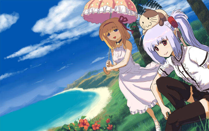 animal animal_on_head beach black_legwear blue_sky cat cat_on_head cloud day dress dutch_angle flower fuyou_kaede grass hairband lavender_hair long_hair looking_at_viewer masakami multiple_girls no_nose ocean on_head outdoors palm_tree parasol primula short_hair short_sleeves shuffle! sidelocks sitting sky sundress thighhighs tree twintails umbrella white_dress zettai_ryouiki