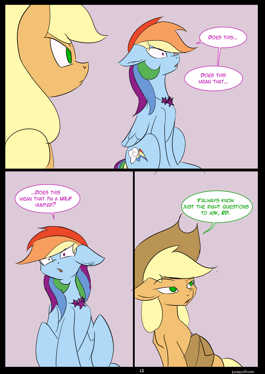 anus applejack_(mlp) blue_eyes clothing comic cutie_mark english_text equine feathered_wings feathers female feral friendship_is_magic green_eyes group hair hooves horn jewelry kanashiipanda mammal multicolored_hair my_little_pony necklace nude open_mouth rainbow_dash_(mlp) rainbow_hair sitting text wings