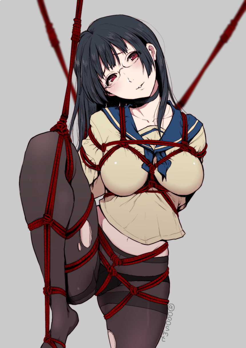 arms_behind_back artist_name bdsm beige_shirt black_hair black_legwear black_panties blurry blush bondage bound bound_arms bound_legs breasts choker choukai_(kantai_collection) collarbone depth_of_field glasses grey_background highres kantai_collection leg_up light_smile long_hair long_sleeves looking_at_viewer medium_breasts navel osomatsu_(nanameno) panties panties_under_pantyhose pantyhose parted_lips red_rope rimless_eyewear rope shibari shibari_over_clothes simple_background solo stomach thighband_pantyhose torn_clothes torn_legwear underwear