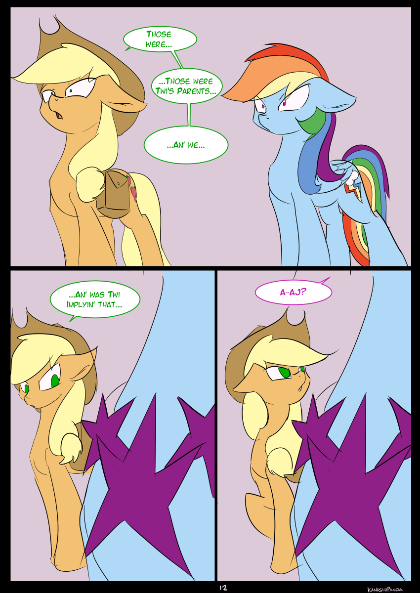 anus applejack_(mlp) blonde_hair blue_eyes clothing comic cutie_mark duo english_text equine feathered_wings feathers female feral friendship_is_magic green_eyes group hair hat hooves horn jewelry kanashiipanda mammal multicolored_hair my_little_pony narrow_eyes necklace nude pink_eyes rainbow_dash_(mlp) simple_background text wings