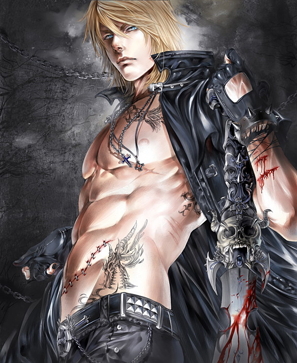 belt blonde_hair blood blue_eyes chains cross cross_necklace fantasy forest gloves gothic gothic_outfit injury jacket jewelry kazuo-sama leaf male nature necklace night nipple original outdoors pants scratch shirtless shirtless_(male) short_hair skull strong sword tattoo togainu torture tree weapon
