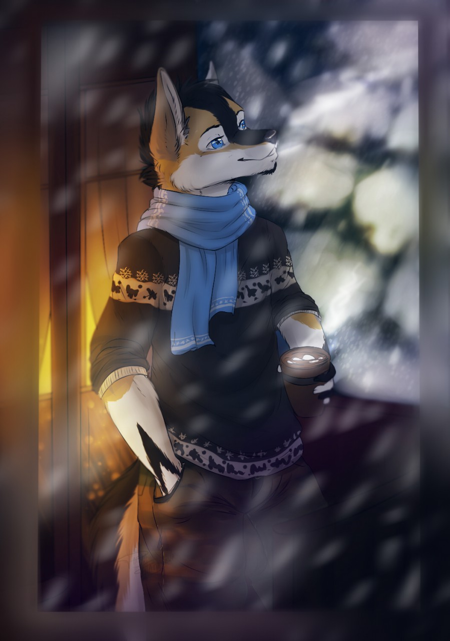 anthro canine clothed clothing dafka hot_chocolate male mammal ozi-rz scarf smile snow solo standing