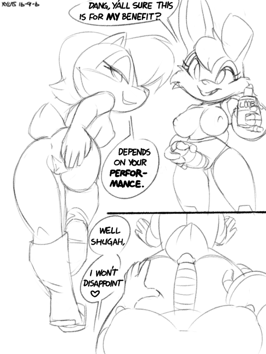 anthro anus big_breasts breasts bunnie_rabbot butt chipmunk dialogue dildo duo english_text erect_nipples female female/female imminent_sex lagomorph mammal nipples nude pussy rabbit rodent sally_acorn sex_toy sonic_(series) strapon text xylas