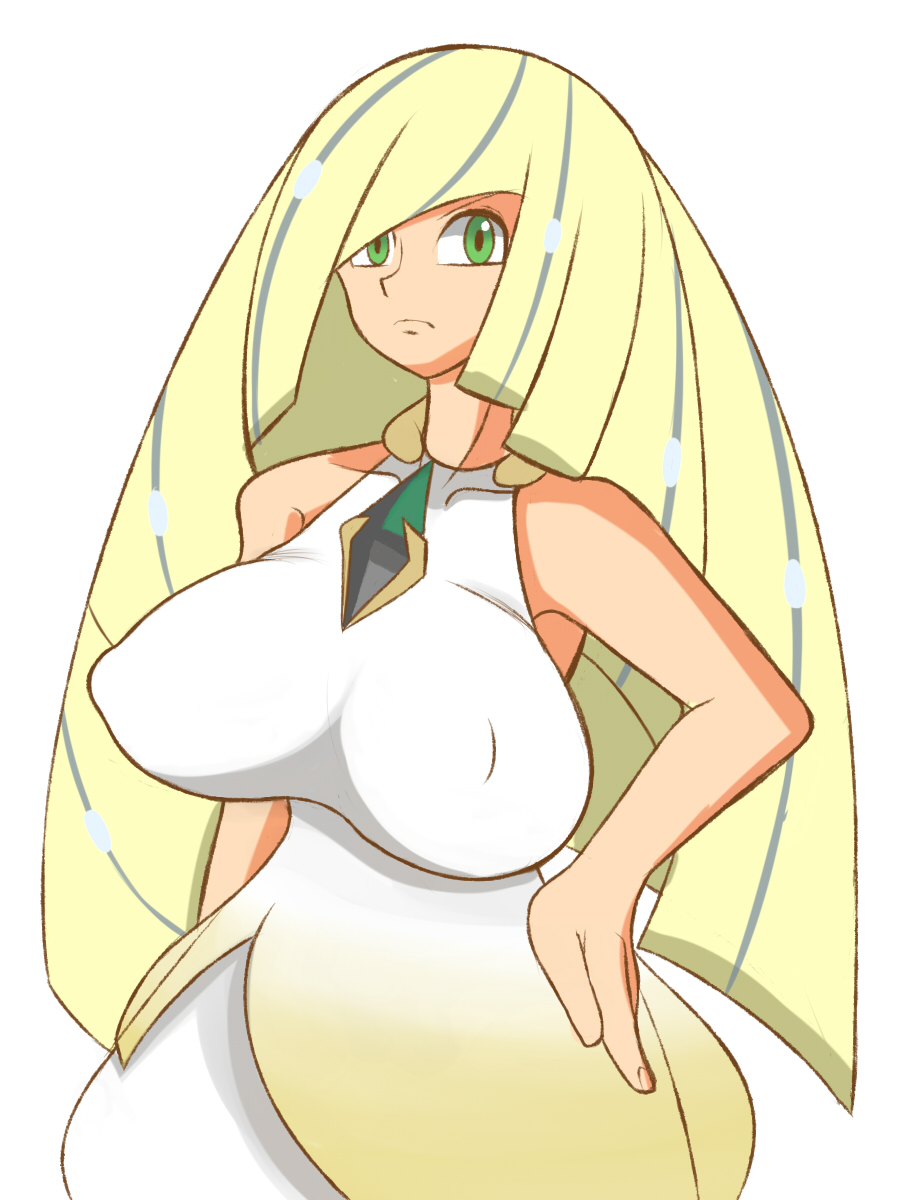 1girl bare_shoulders blonde_hair breasts erect_nipples green_eyes hair_over_one_eye hand_on_hip huge large_breasts long_hair looking_at_viewer lusamine pokemon pokemon_(game) pokemon_sm sleeveless solo very_long_hair