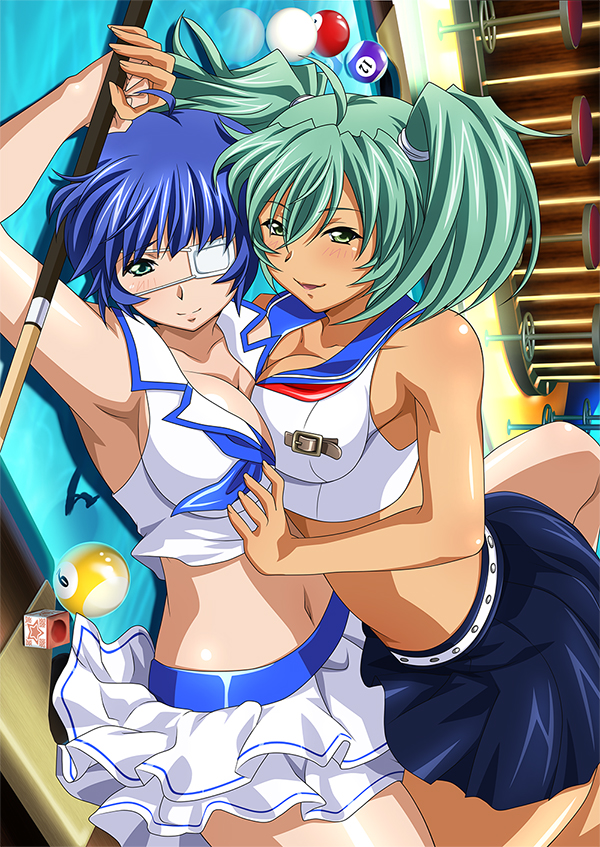 armpits belt black_skirt blue_hair breast_press breasts cleavage collarbone eyebrows eyebrows_visible_through_hair eyepatch frilled_skirt frills girl_on_top green_eyes green_hair hair_between_eyes hair_ornament ikkitousen large_breasts looking_at_viewer lying medical_eyepatch midriff multiple_girls navel on_back pleated_skirt ryofu_housen ryomou_shimei shirt short_hair short_twintails sideboob skirt smile twintails white_shirt white_skirt yuri