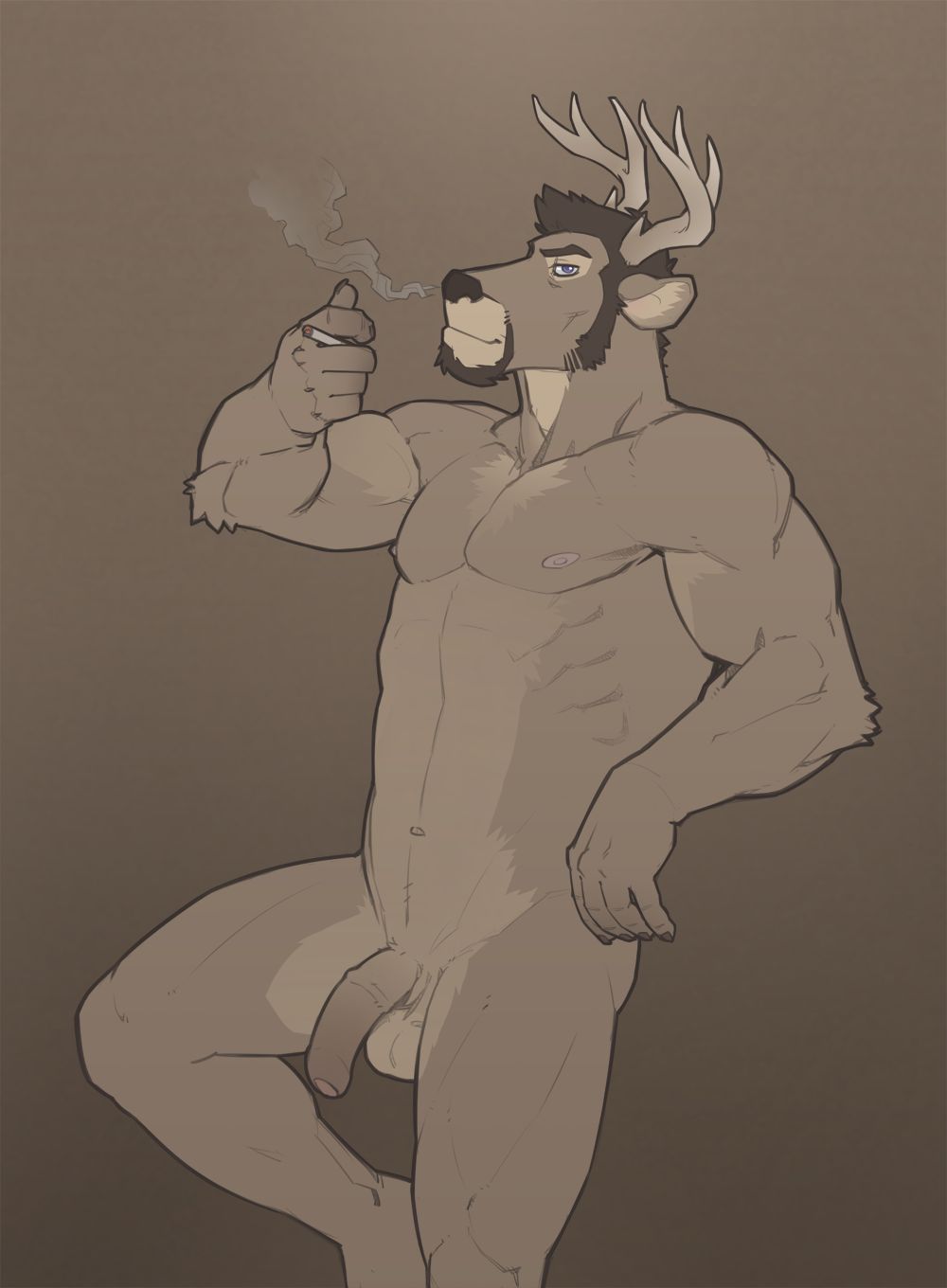anthro antlers armpits balls biceps big_muscles big_penis black_nose bottomless bubba_varmint cervine cigarette clothed clothing deer facial_hair flaccid goatee horn looking_at_viewer male mammal medial_ring muscular muscular_male nipples nude pecs penis smoke smoking solo superslickslasher uncut