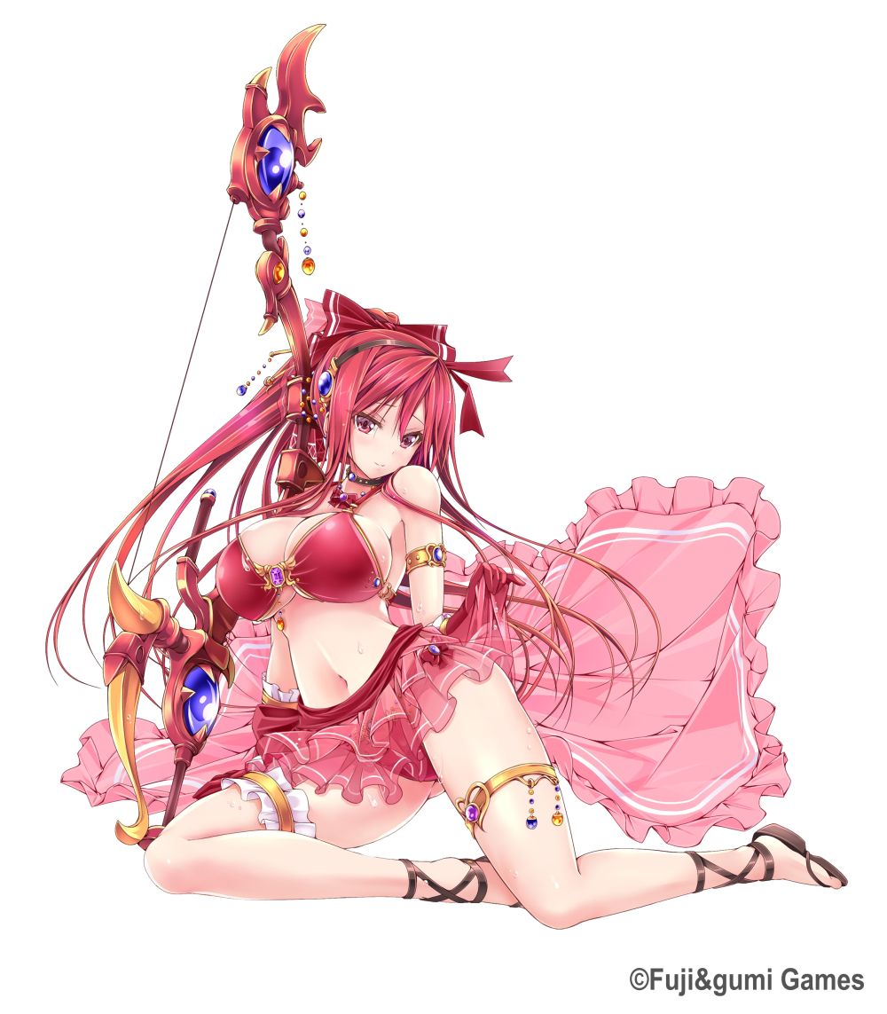 armlet bikini bow bow_(weapon) breasts choker company_name cross-laced_footwear frilled_bikini frilled_gloves frills gem gloves hair_bow hair_ribbon huge_breasts jewelry legband long_hair long_legs navel necklace official_art phantom_of_the_kill ponytail red_eyes red_hair ribbon sandals shekinah_(phantom_of_the_kill) skirt skirt_lift solo swimsuit weapon white_background