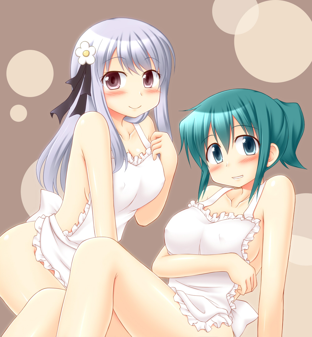 apron blush breasts covered_nipples green_eyes green_hair hidamari_sketch large_breasts long_hair looking_at_viewer matsuri_(hidamari_sketch) multiple_girls naked_apron nori short_hair smile utomo