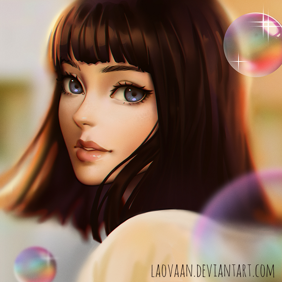 artist_name blue_eyes brown_hair bubble chromatic_aberration deviantart_username eyebrows eyelashes face ilya_kuvshinov_(style) laovaan lips looking_at_viewer looking_back nose original parody parted_lips portrait realistic short_hair solo sparkle style_parody watermark web_address