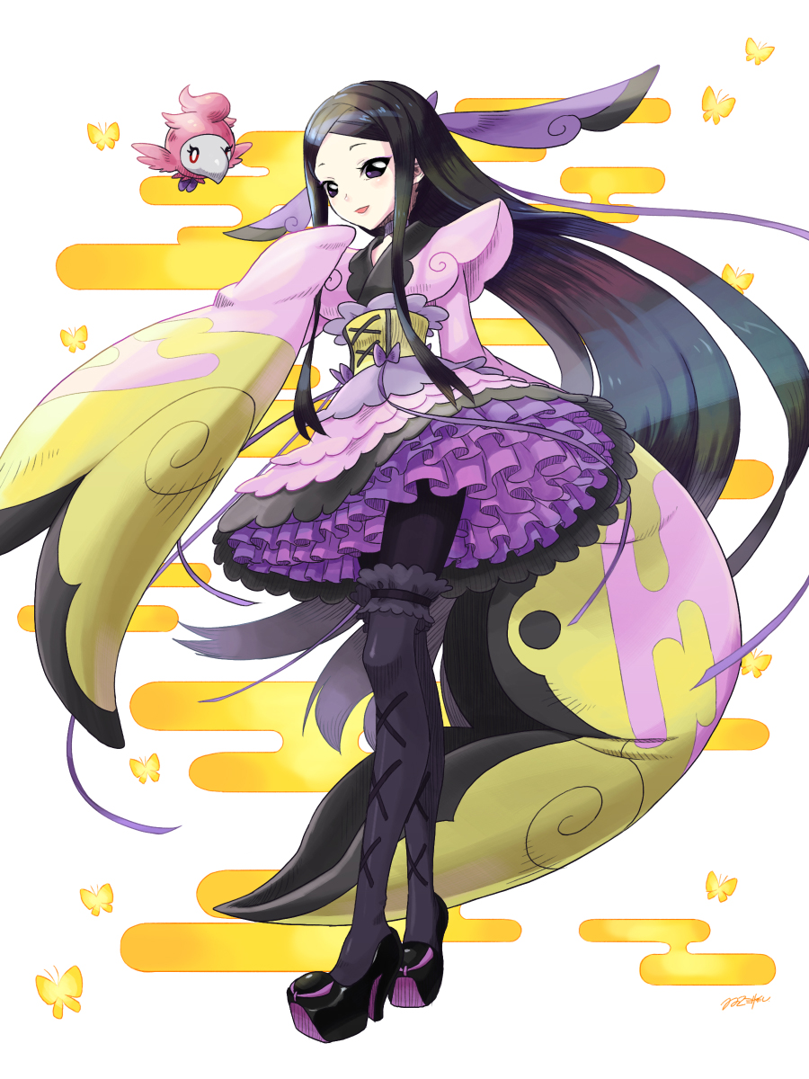 :d black_eyes black_footwear black_hair black_legwear bug butterfly dress floral_print frilled_kimono frills full_body furisode gen_6_pokemon gym_leader hair_ornament hand_to_own_mouth high_heels highres insect japanese_clothes kimono long_hair long_sleeves looking_at_viewer mache_(pokemon) nekomissile obi open_mouth pantyhose petticoat platform_footwear platform_heels pokemon pokemon_(creature) pokemon_(game) pokemon_xy purple_eyes sash shoes short_kimono short_yukata sidelocks simple_background sleeves_past_wrists smile spritzee standing thighhighs very_long_hair white_background wide_sleeves yukata