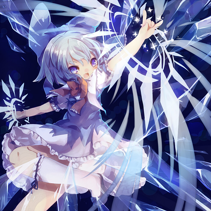bad_id bad_pixiv_id blue_eyes blue_hair blush bow cirno fang frills hair_bow ice ice_wings leg_up masirosu open_mouth short_hair solo sparkle touhou wings