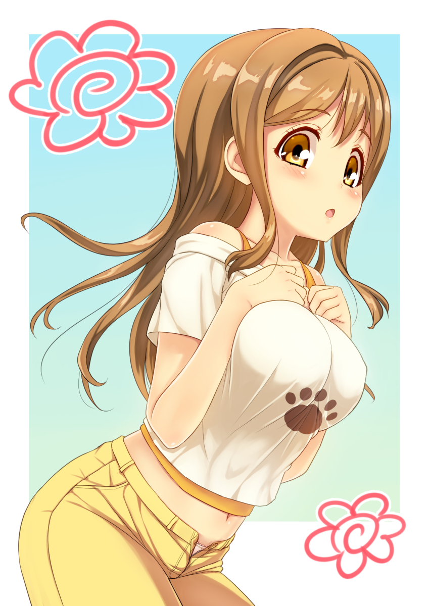 bangs blush breasts brown_eyes brown_hair clenched_hands commentary hands_on_own_chest highres kunikida_hanamaru large_breasts long_hair love_live! love_live!_sunshine!! midriff navel off-shoulder_shirt open_fly open_mouth panties panty_slip paw_print pink_panties shimashima_salmon shirt short_sleeves solo unbuttoned underwear