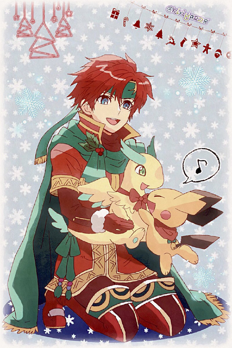 1boy 1girl armor blue_eyes blush cape christmas creatures_(company) dragon dress eyes_closed fa facial_mark fire_emblem fire_emblem:_fuuin_no_tsurugi fire_emblem_heroes forehead_mark game_freak gen_2_pokemon gloves hat headband highres kiriya_(552260) male_focus mamkute nintendo open_mouth pichu pokemon pokemon_(creature) red_hair roy_(fire_emblem) santa_hat short_hair simple_background smile super_smash_bros. super_smash_bros._ultimate