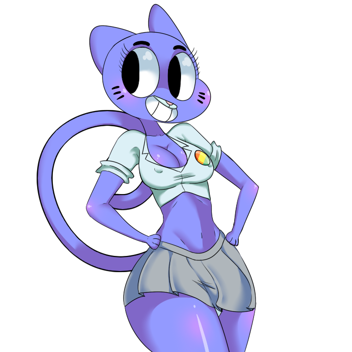 anthro blue_fur blush breasts cartoon_network cat cleavage clothed clothing feline female flutteringpie fur looking_away mammal mature_female midriff mother navel nicole_watterson panties parent skirt smile solo the_amazing_world_of_gumball underwear