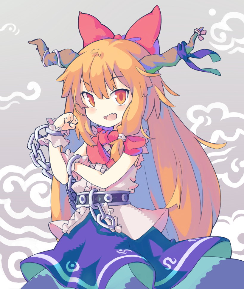belt blue_ribbon bow bowtie chain clenched_hand cowboy_shot cuffs fang flexing hair_between_eyes hair_bow hand_on_own_arm horn_ribbon horns ibuki_suika lavender_background long_hair looking_at_viewer nano_(mianhua_maoqiu) open_mouth orange_hair pose purple_skirt red_bow red_eyes red_neckwear ribbon shackles shirt skirt sleeveless smile solo touhou very_long_hair white_shirt wrist_cuffs