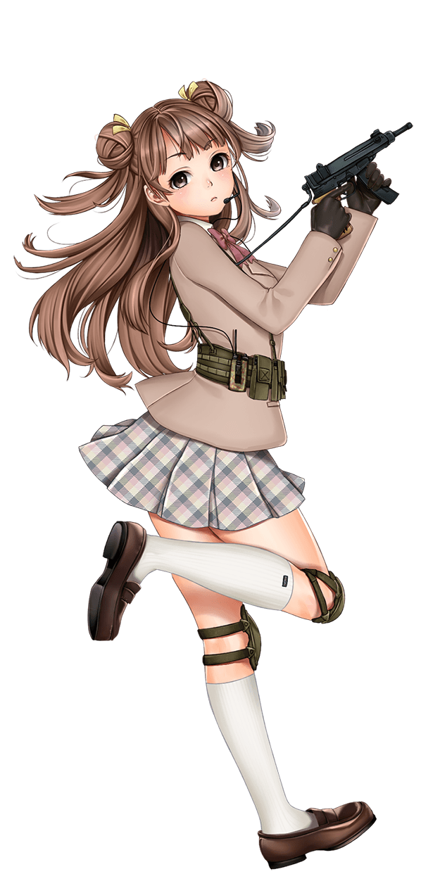 brown_eyes brown_hair double_bun full_body gloves gun highres knee_pads kneehighs leg_lift loafers long_hair long_sleeves plaid plaid_skirt pleated_skirt shoes shooting_girl skirt skorpion_vz._61 solo submachine_gun transparent_background weapon