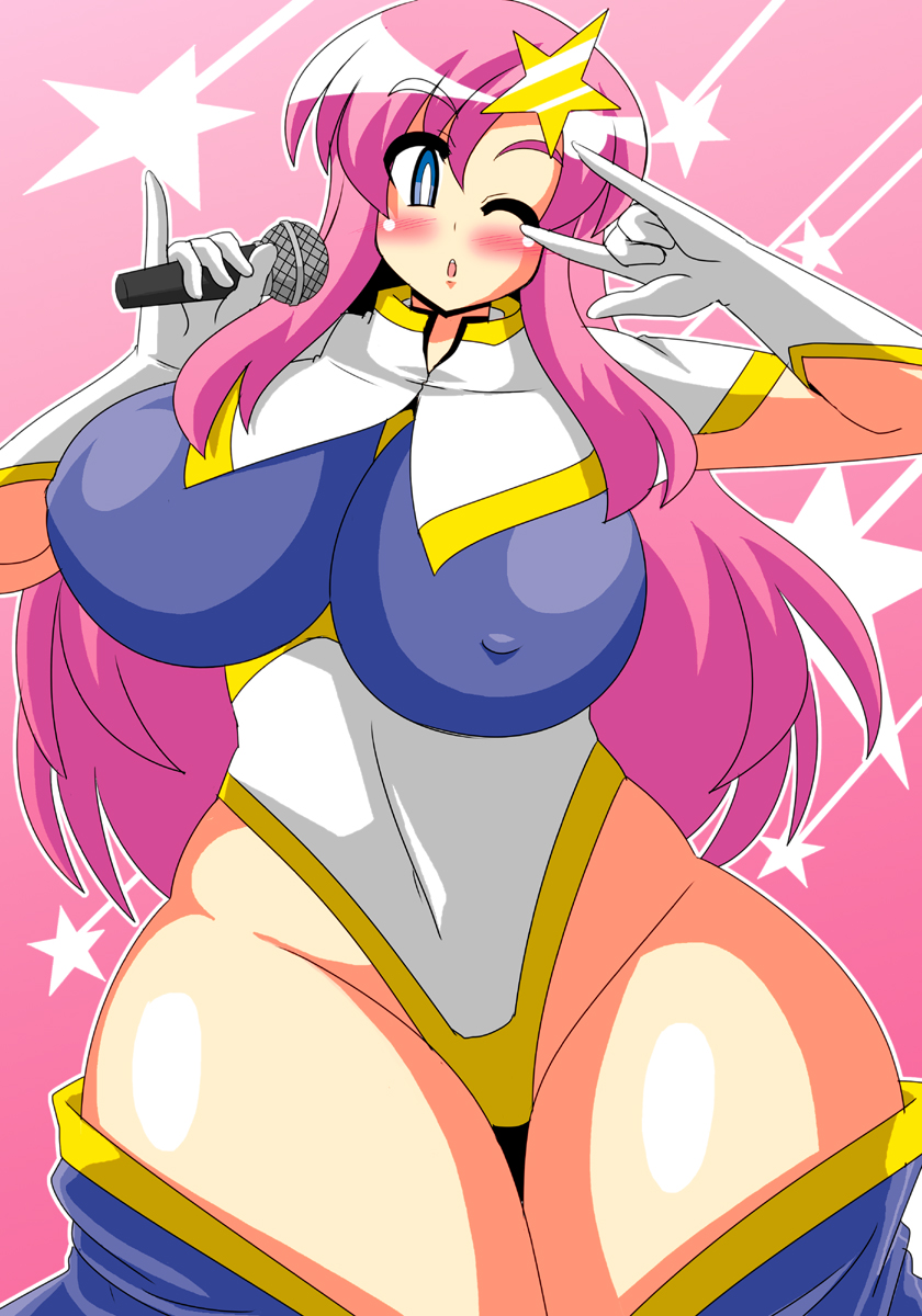 akasode_(tyaramu) blue_eyes blush breasts commentary_request covered_nipples gloves gundam gundam_seed gundam_seed_destiny hair_ornament highleg highres large_breasts leotard long_hair looking_at_viewer meer_campbell microphone one_eye_closed open_mouth pink_hair solo star star_hair_ornament