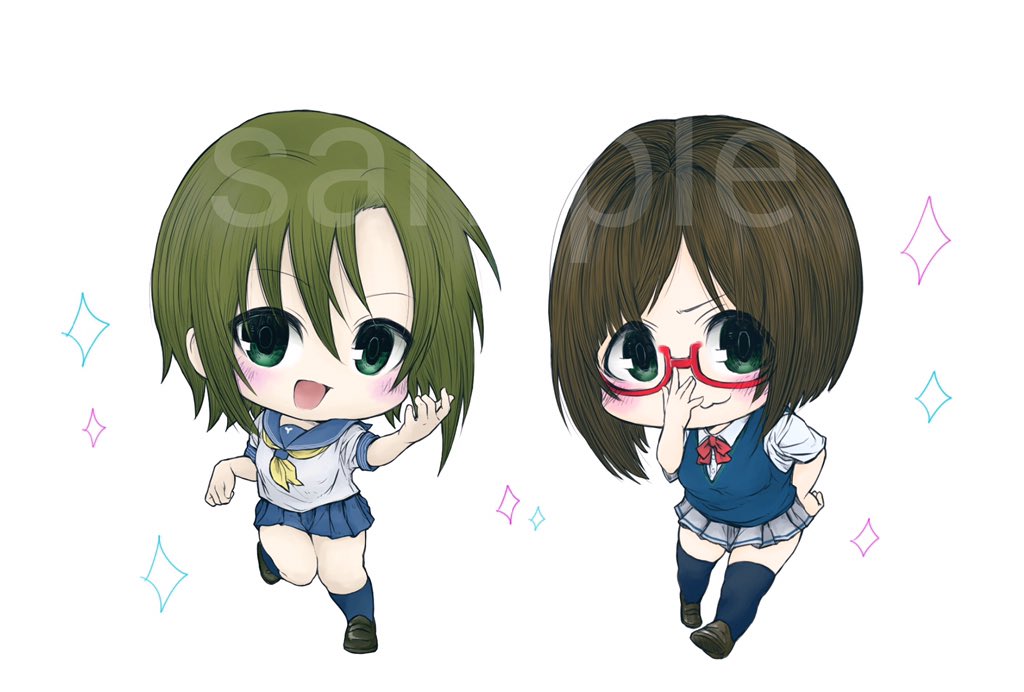 :3 :d adjusting_eyewear air_guitar bad_id bad_twitter_id bangs bespectacled black_skirt blue_skirt blush brown_hair chibi closed_mouth eyebrows eyebrows_visible_through_hair glasses green_eyes hair_between_eyes idolmaster idolmaster_cinderella_girls kakeshou leg_up loafers maekawa_miku multiple_girls open_mouth pleated_skirt red-framed_eyewear sample school_uniform serafuku shoes short_hair short_sleeves simple_background skirt smile sparkle tada_riina thighhighs v-shaped_eyebrows white_background white_skirt