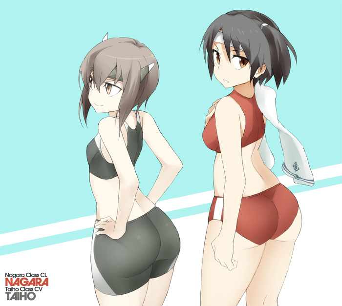 anchor_symbol ass bangs bare_arms bike_shorts black_hair breasts brown_eyes brown_hair buruma character_name closed_mouth double_vertical_stripe from_side hair_between_eyes hands_on_hips headband kantai_collection medium_breasts multiple_girls nagara_(kantai_collection) one_side_up short_hair small_breasts smile souji sports_bra taihou_(kantai_collection) text_focus towel two-tone_background