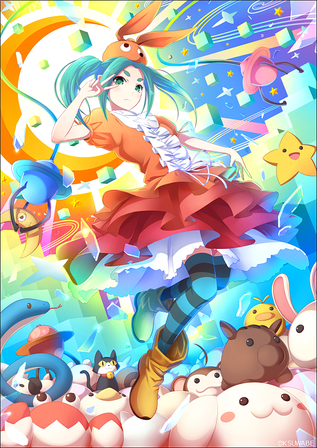 :3 aqua_eyes aqua_hair bangs bird blush_stickers boots bunny cat commentary_request crab crane_game crescent dress duck frilled_dress frills hand_up hat kei-suwabe looking_at_viewer monkey monogatari_(series) nisemonogatari ononoki_yotsugi open_mouth orange_dress parted_bangs puffy_short_sleeves puffy_sleeves rubber_boots short_sleeves snake star striped striped_legwear stuffed_animal stuffed_toy thighhighs twintails v yellow_footwear