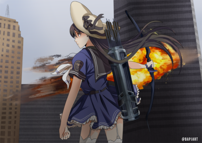alternate_weapon avengers beta_(joutarou) black_hair blue_dress blue_ribbon bow_(weapon) brown_eyes commentary dress explosion garter_straps hat hawkeye_(marvel) iowa_(pacific) lace lace-trimmed_dress long_hair marvel object_namesake pacific parody pun quiver ribbon sailor_dress sun_hat thighhighs twitter_username weapon wrist_ribbon