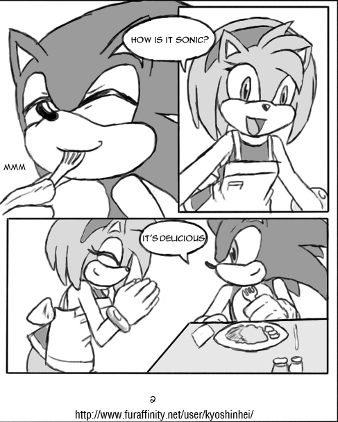 amy_rose anthro apron breasts clothed clothing dinner eating female food hedgehog kyoshinhei male mammal mobius_unleashed palcomix sonic_(series) sonic_the_hedgehog
