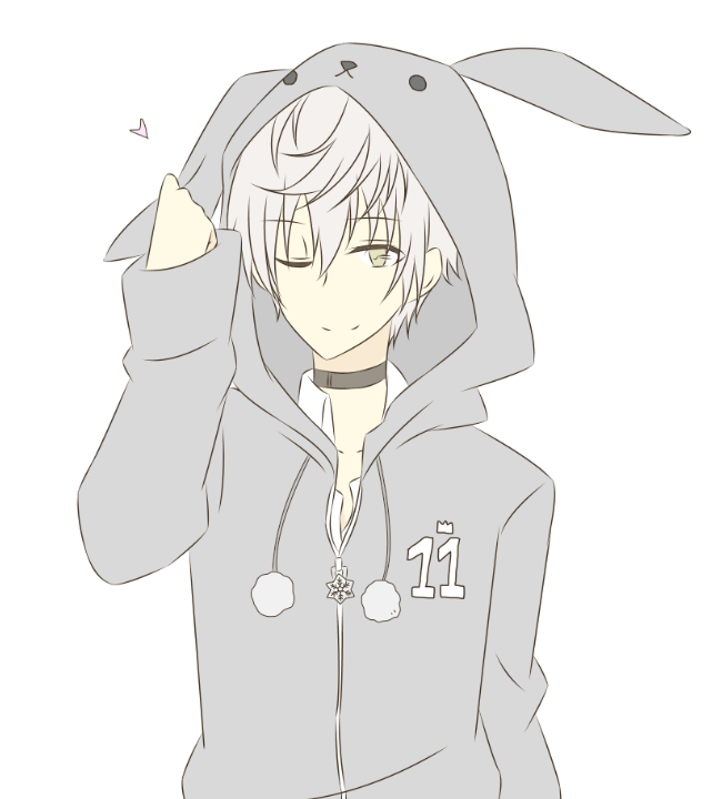 animal_hood bunny_hood hood hooded_jacket jacket looking_at_viewer male_focus number one_eye_closed pom_pom_(clothes) ren_(friends-love) shimotsuki_shun silver_hair simple_background smile solo tsukiuta upper_body white_background